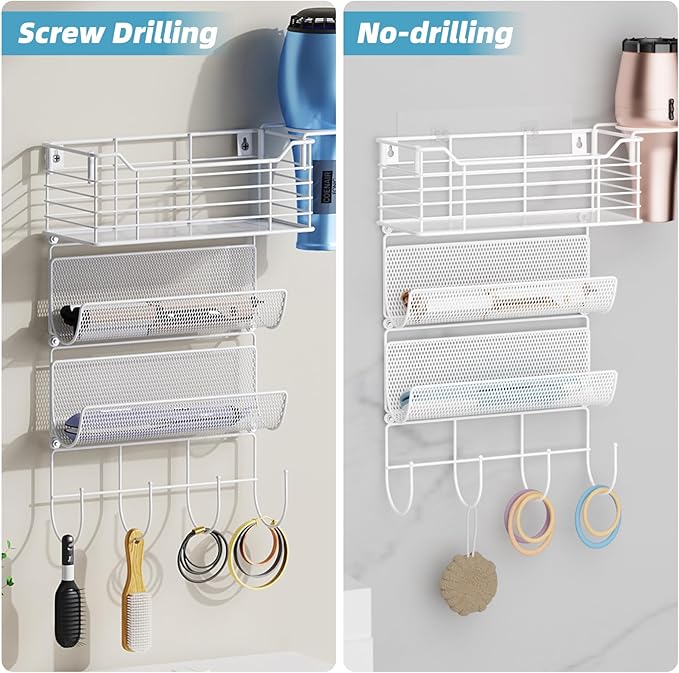 VITVITI Metal Hair Tool Organizer Wall Mount, Hair Dryer Holder with 3 Tier Shelf Basket Hooks, Bathroom Hair Styling Tool Organizer for Curling Iron/Blow Dryer/Straightener, White