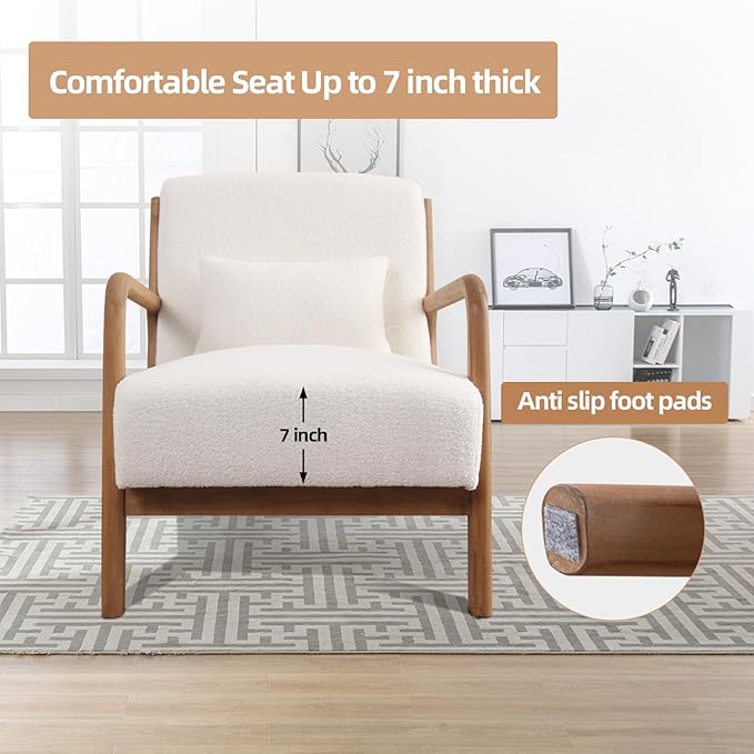 INZOY Mid Century Modern Accent Chair with Lamb Wool Fabric, Upholstered Living Room Chairs with Waist Cushion, Reading Armchair for Bedroom Sunroom, White