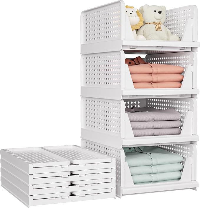 SNSLXH 5 Pack Stackable Closet Storage Basket, Multifunctional & Foldable Closet Organizer for Bathroom Kitchen Laundry Room Wardrobe Storage, Space-Saving Clothes Storage Drawer Organizer, White