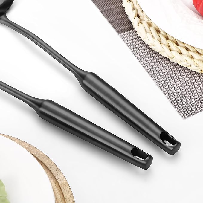 304 Stainless Steel Cooking Utensil,Kitchen Kitchen Utensil with Spatula, Solid Spoon, Ladle, Skimmer, Spaghetti Spoon, 6 Piece Set, Dishwasher Safe(Black)