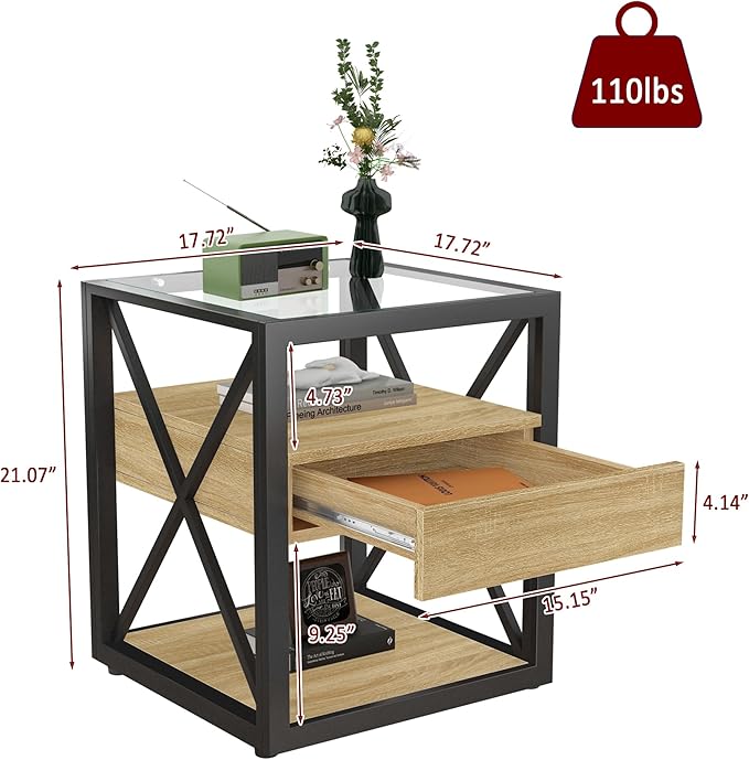 Farmhouse End Table, Modern Side Table with Drawer&3-Tier Storage Shelf, Square Rustic Nightstand, Accent Tea Table, for Bedroom Office Living Room, Brown, Natural Wood, Glass, Metal