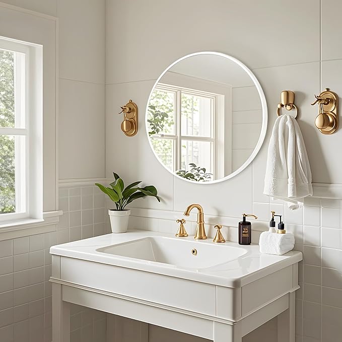 Fabuday White Circle Mirror for Wall 24 inch - Round Mirror for Bathroom, Entryway, Living Room, Hallway, Vanity Decor, Big Matte Metal Frame Mirrors