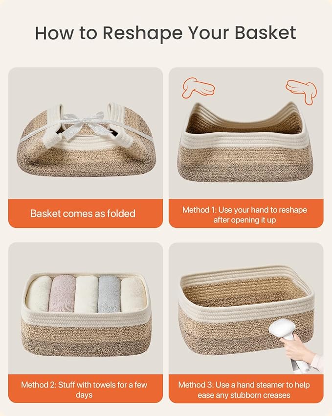 Small Woven Basket, 13.5 x 9.5 x 5 Inches, Storage Basket for Organizing, Cute Small Rope Shelf Closet Cube Storage Bins Baskets for Shelves, Dog Toy Gift Baskets Empty, 3 Pack Gradient Brown