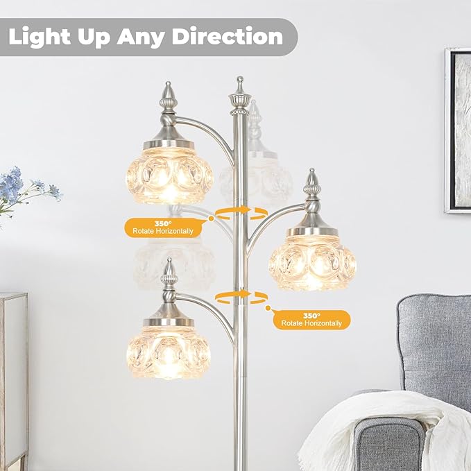 Brushed Nickel Floor Lamp 66.5'' Tall Standing Lamp Dimmable Tree Floor Lamps with 3 LED Lights Glass Shades Silver Lamp for Living Room Bedroom Office(3 Bulbs Included)