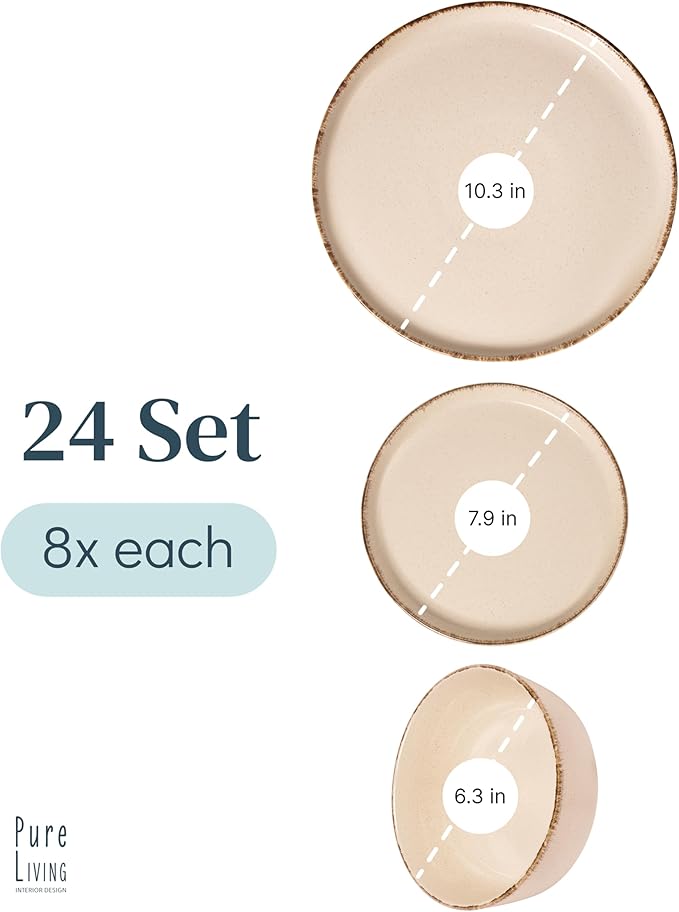 Stoneware dinnerware set 8 persons Rustic 24 pcs - Rustic design dinnerware set, dishwasher safe - Bowl and plate set - Pure Living dinnerware in beige…