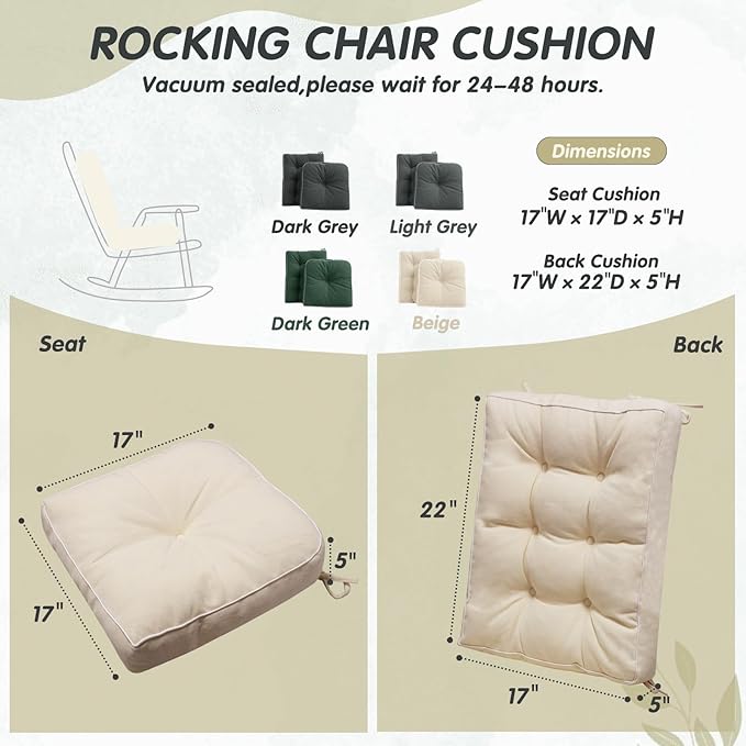 YZ HOME Rocking Chair Cushion, Set of Thicken Seat & Back Chair Cushions with Memory Foam, Non-Slip Chair Pad with Ties for for Indoor&Outdoor Rocker, Beige, 22x17x5/17x17x5