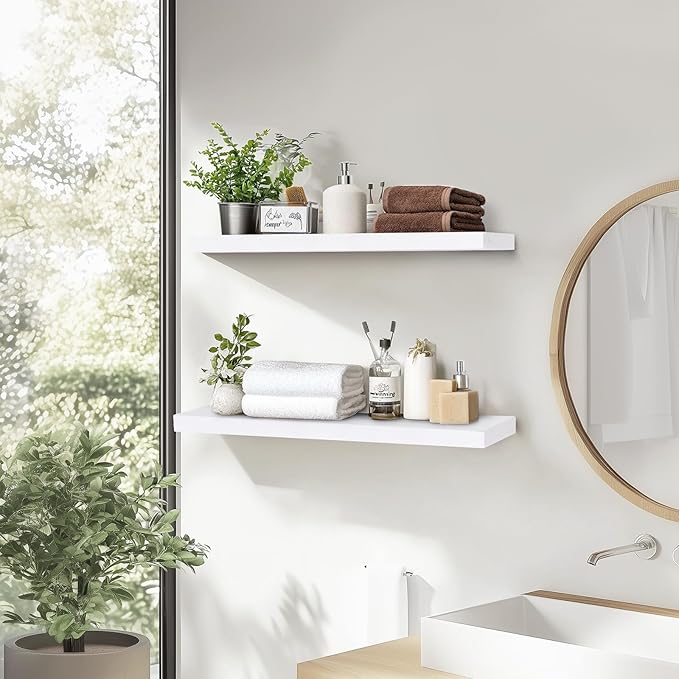 24"x6.8"x1.2" Solid Wood Floating Shelves 2-Pack - Rustic White Finish with Hidden Brackets, Perfect for Storage and Décor in Living Room, Kitchen, Bedroom