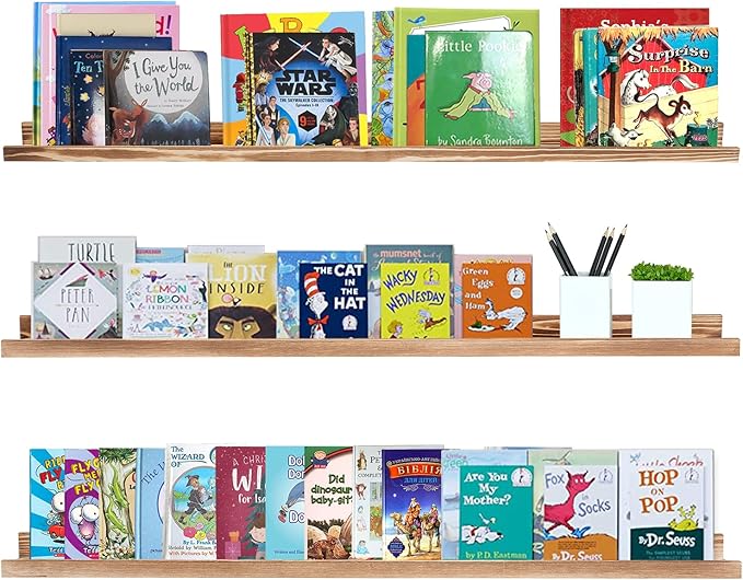 AZSKY Picture Ledge Shelf Wall Ledge Floating Shelves for Photo Frames Kids Book Shelves Wall Mounted Burnt Wall Display Shelf Wooden Frame Ledge 48 Inches Set of 3 Bathroom Organizer Shelves