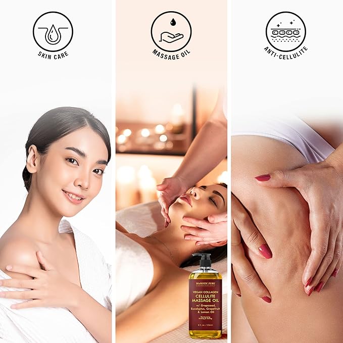 Majestic Pure Anti Cellulite Massage Oil for Massage Therapy - Refreshing, and Relaxing - Natural Oils with Vegan Collagen, Stem Cells & Cellulite Cream - All Skin Types - Men and Women - 8 fl oz
