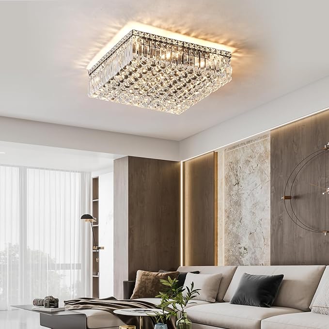 12-Lights Black Crystal Flush Mount Ceiling Light Fixtures,Elegant Crystal Chandelier Pendant Ceiling Lamp for Bedroom,Living Room,Dining Room,Hallway H5.9 x W20 x L20 (Bulb Not Included)Square