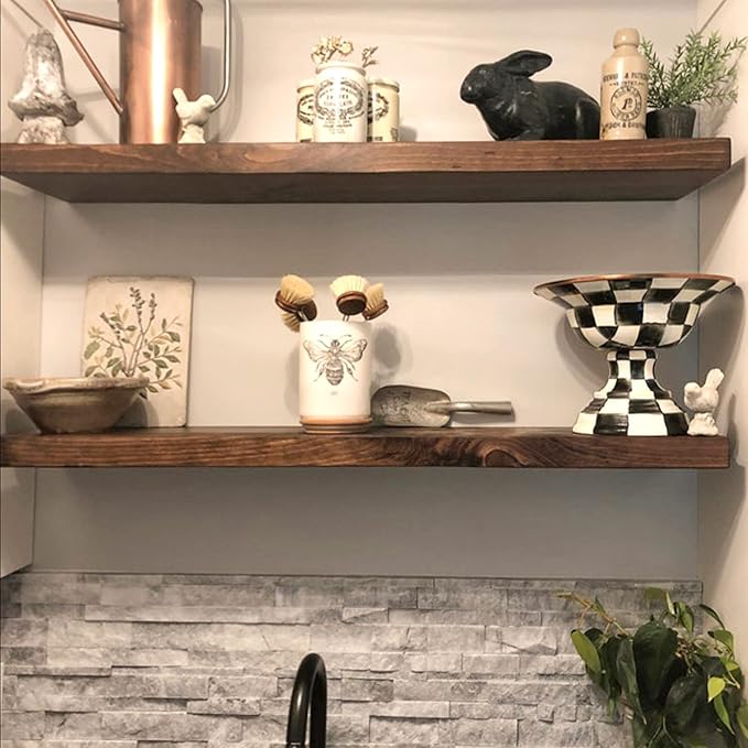 URBANDI, Rustic Floating Shelves, Set of 2, Hidden Bracket, Solid Wood, Heavy Duty, Wall Mounted Shelves, (Provincial, 60Wx8D)