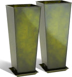 KOL 28''H. Tall Metal Planter with Saucer, Galvanized Steel Glazed Planter Pots with Drainage Hole for Indoor & Outdoor Use, Set of 2, Decorative Flower Plant Pots for Front Porch, Patio, Deck - Green