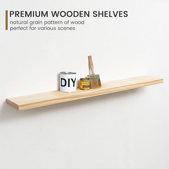 Fun Memories 48 Inch Floating Shelves for Wall, Deep Rustic Solid Pine Wood Floating Shelf - Farmhouse Wall Mounted Display Shelf with Heavy-Duty Metal Bracket, 48" W x 8" D, Set of 1, Unfinished