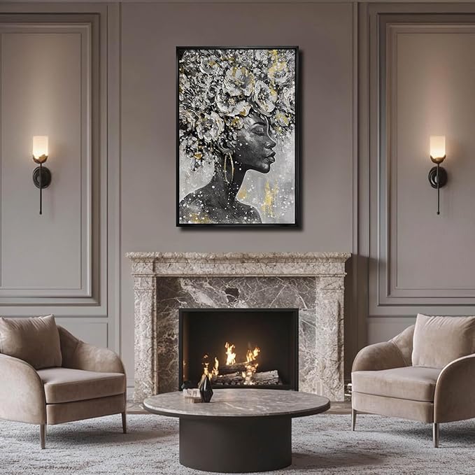 MLART99 Gold African American Wall Art Black Woman Wall Decor with Frame Vertical Floral Canvas Painting Modern Print Bedroom Living Room Decor 24x36 Inch