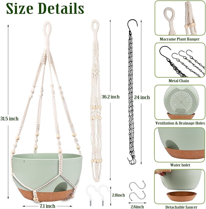 Hanging Planters for Outdoor Indoor Plants, 2 Pack 12 Inch Hanging Basket Plants Outdoor, Self Watering Hanging Planter with Plant Hanger for Garden Home Decoration (2 Type Plant Hangers Green)