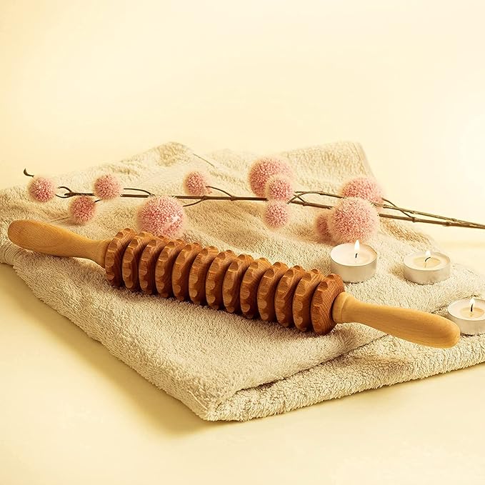 2 Pcs Wooden Sturdy Lymphatic Drainage Roller & Back Massager with Ropes, Maderotherapy, Body Sculpting- Recommended by Professionals (Roller & Massager)