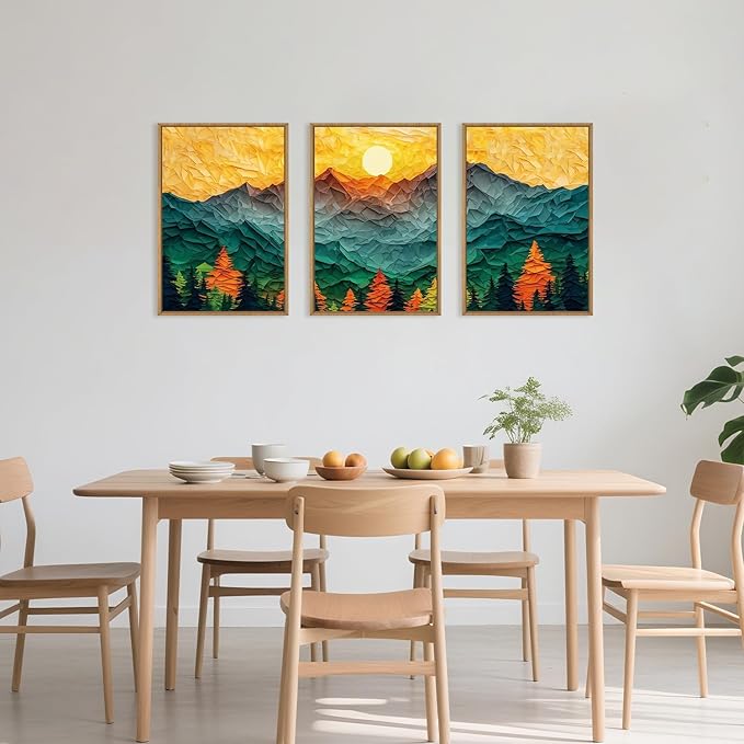 Abstract Mountain Framed Canvas Wall Art Set, Forest Pine Tree Golden Sunset Wall Decor, Mixed Patchwork Landscape Art Print for Living Room, Bedroom, Dining Room, Office - 16"x24"x3