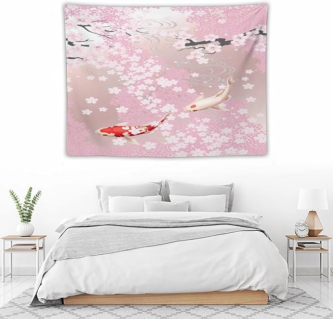 Houselerax Japanese Koi Fish Tapestry, Cherry Blossoms Asian Oriental Pink Flower Branch Koi Fish Carp Tapestries Wall Hanging for Bedroom Living Room Office Decor 40"x30"