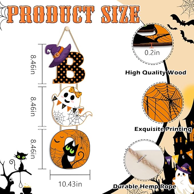 Britimes BOO Halloween Door Sign for Front Door, Halloween Cute Ghost Black Ghost Wall Decorations Wooden Hanging Signs for Home Wall Porch Outdoor Party Decor