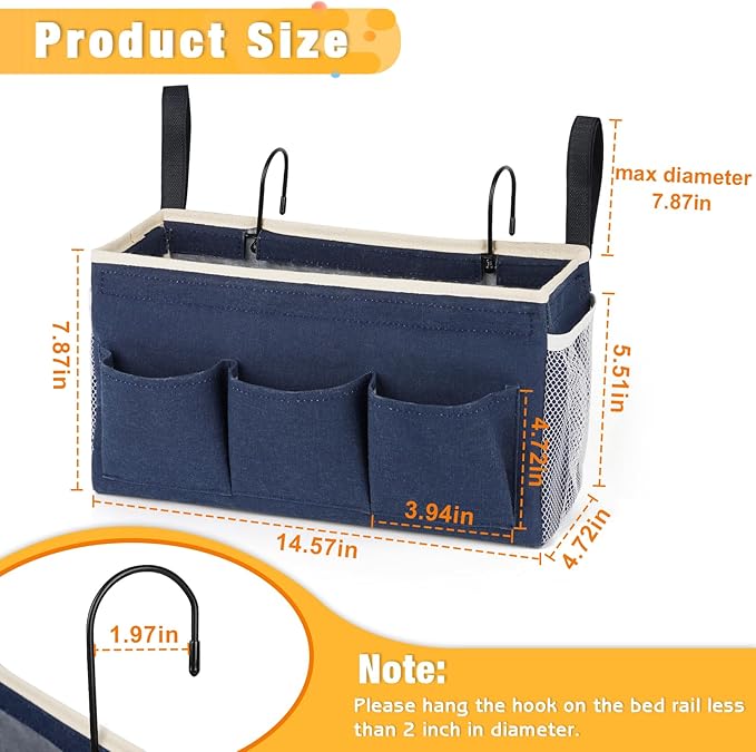 Bedside Caddy Bedside Organizer Bedside Storage Caddy with Fixed Straps and Water Bottle Holder for Home College Dorm Bunk Bed Hospital Bed Crib Bed Rails (Navy Blue)