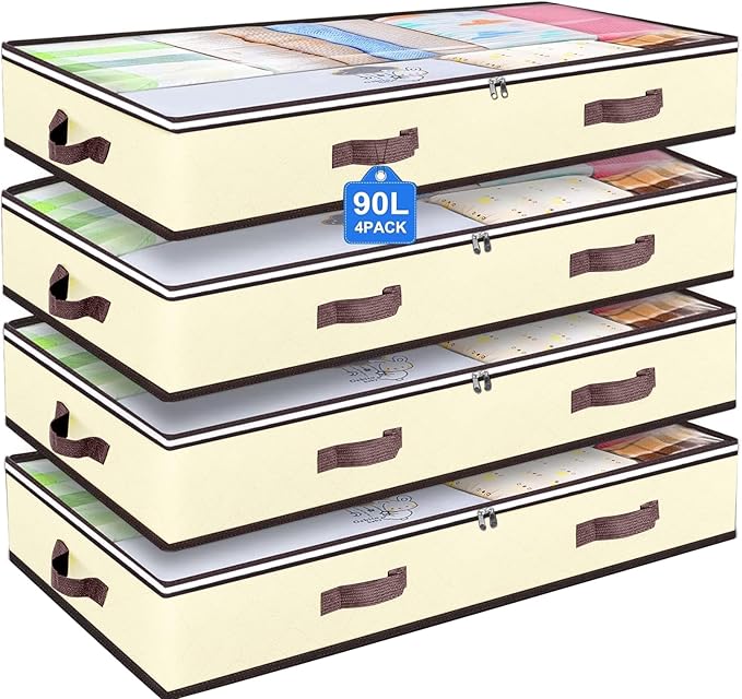 90L Under Bed Storage Containers, Closet Organizers and Storage Bins, Foldable Underbed Storage Bags for Blankets, Towels, Comforter, Sweaters, Pillows, Linen Sheets, Wrapping Paper, 4 Pack Beige