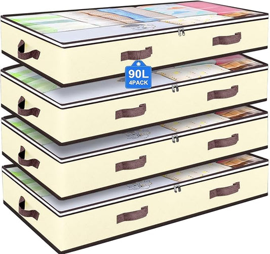 90L Under Bed Storage Containers, Closet Organizers and Storage Bins, Foldable Underbed Storage Bags for Blankets, Towels, Comforter, Sweaters, Pillows, Linen Sheets, Wrapping Paper, 4 Pack Beige
