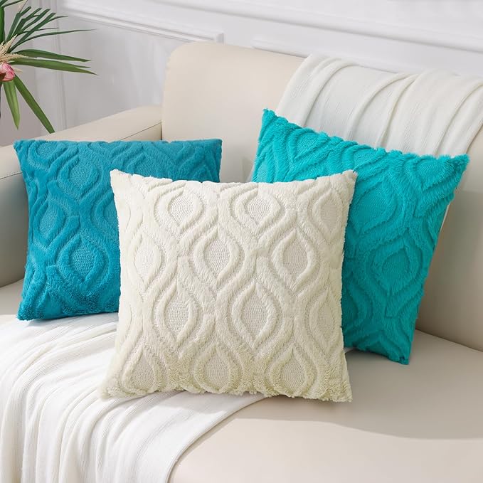 decorUhome Fall Throw Pillow Covers 18x18 Inch Set of 2, Soft Plush Decorative Faux Fur Turquoise Solid Couch Pillow Covers, Accent Farmhouse Neutral Square Euro Pillow Cases for Sofa Bed Living Room