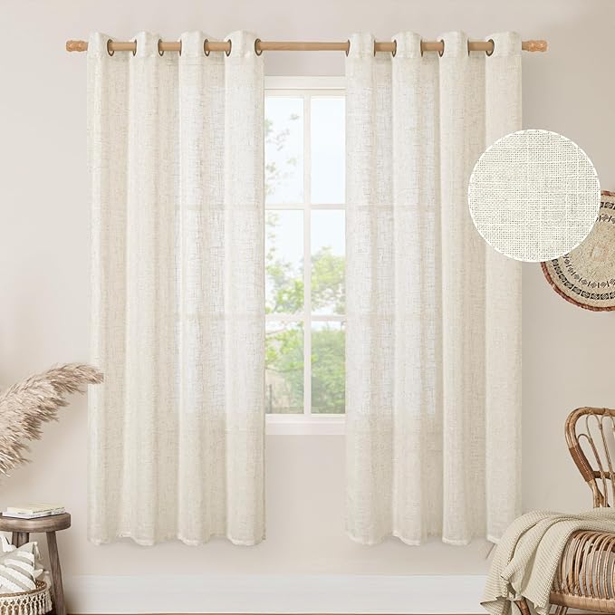 LAMIT Natural Linen Curtains for Living Room 2 Panels Set, 78 Inch Faux Linen Textured Light Filtering Drapes Bronze Grommet Boho Panels for Farmhouse/Bedroom/Porch, 52 x 78 Inch