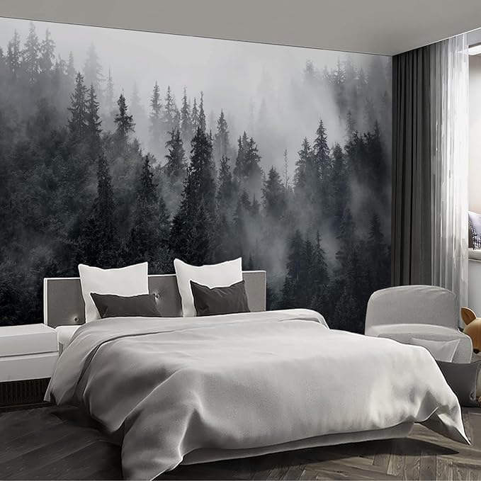Misty Forest Landscape Wall murals Woodland Tree Peel and Stick Wallpaper for Bedroom Living Room - 108"x157"