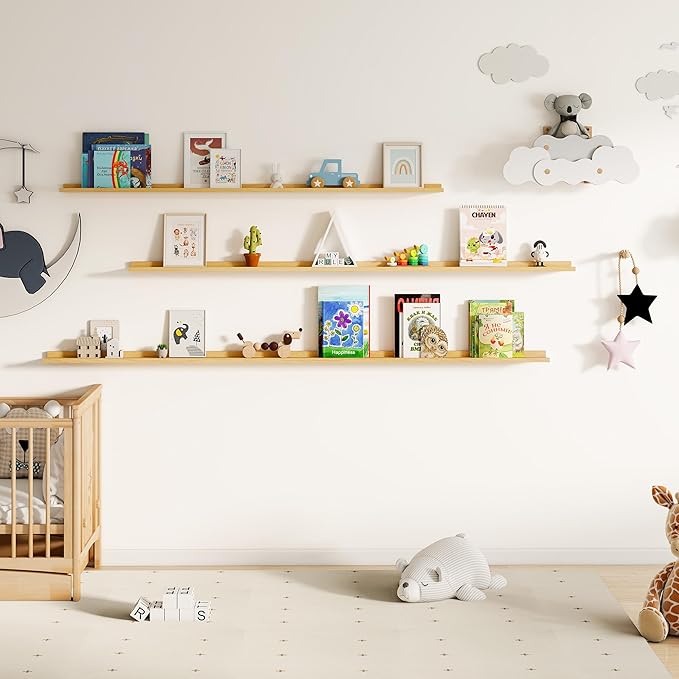 Floating Picture Ledge Shelves for Wall Set of 2, 55 Inches Picture Shelf with Ledge, Nursery Book Shelf for Toys Storage Kids Bookshelf Wall Mounted Living Room Bedroom Decor Frames, Oak