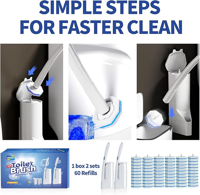 Disposable Toilet Brush Cleaning System, Two Sets of Wands and 60p Refills Pads Replacement Heads, Wall Mounted Toliet Stick Wand Starter Kit Bathroom Maintenance, Toilet Bowl Cleaner Holder