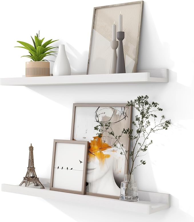 Solid Ash Wood Picture Ledge Shelf, 24 Inch Floating Shelves with Lip Set of 2, Photo Ledge Shelf Nursery Bookshelf Wall Mounted for Living Room Bedroom Decor, White