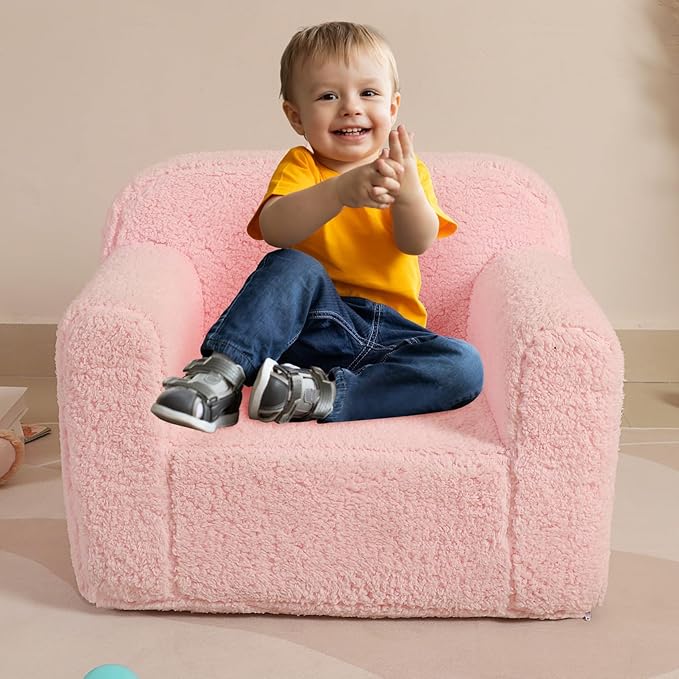 Kids Snuggly-Soft Sherpa Chair, Cuddly Toddler Foam Chair for Boys and Girls, Pink
