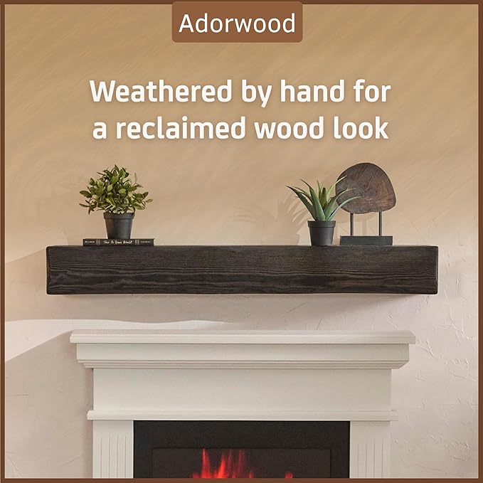 Handmade Fireplace Mantel Shelf, Extra Wide Rustic Wood Mantles for Over Fireplace, Wall Mounted Floating Mantel Shelves for Living Room Decor (Ebony, 72 inches)