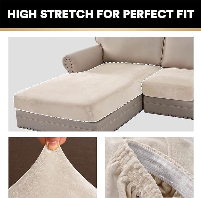 PrinceDeco Sectional Couch Covers 3 Pieces Velvet Sofa Covers L Shape Soft Couch Covers for Sectional Sofa Corner Sofa Cover Couch Cover for Dogs Washable (2 Seater + 1 Chaise,Ivory)