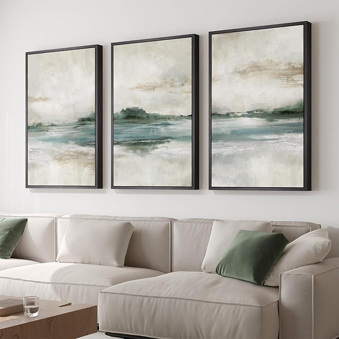 Large Framed Abstract Nature Landscape Wall Art for Living Room, Set of 3 Modern Canvas Prints Paintings Artwork for Walls, Green Lake Pictures for Hallway, Dining Room, Office Wall Decor 24x36 Inch