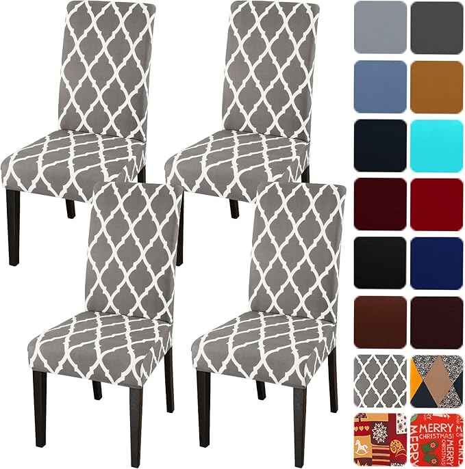 JQinHome Dining Chair Covers Set of 4, High Stretch Removable Washable Parsons Chair Slipcover for Home Party Hotel Wedding Ceremony (Grey White)