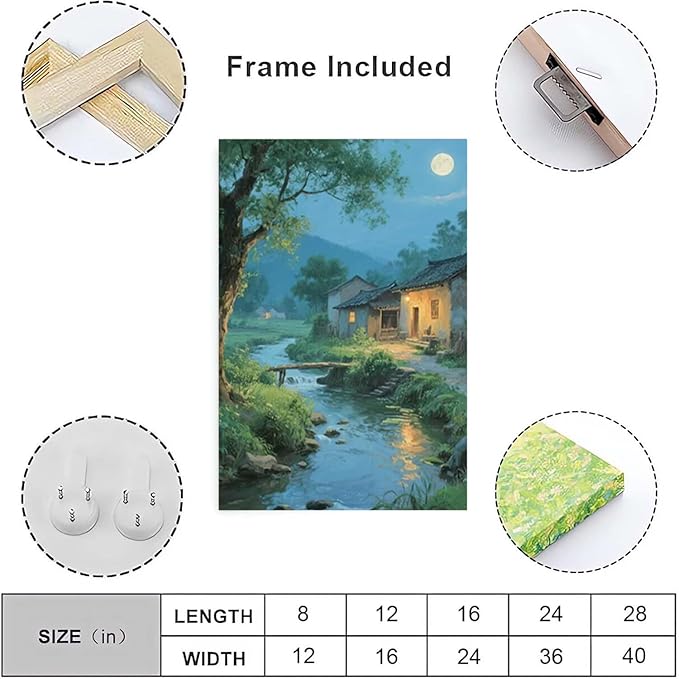 Moonlight under the big tree creek cabin scenery is suitable for posting in the living room bedroom office scenery poster wall painting