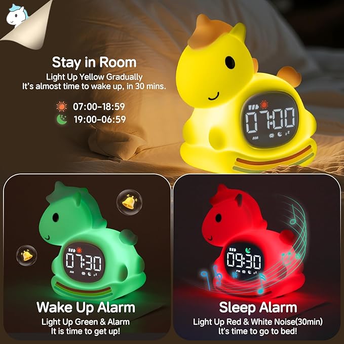 Cute Alarm Clock for Kids with Night Light, Sleep Training Clock Time to Wake Clock, Rechargeable Silicone Light for Bedroom, Perfect Sleep Companion for Boys Girls, Pink Pony