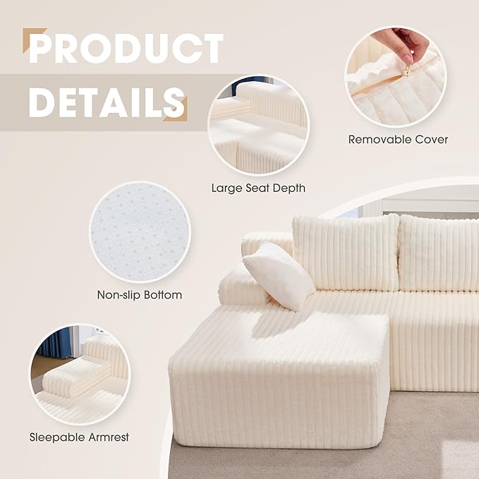 Hobestluk 96” Modular Sectional Sofa Couches L-Shape Couch 3 Seat Modular Sofa Memory Foam Sectional Couches for Living Room, Cloud Couch with Oversized Chaise (White, Stripe (Left Facing Chaise))