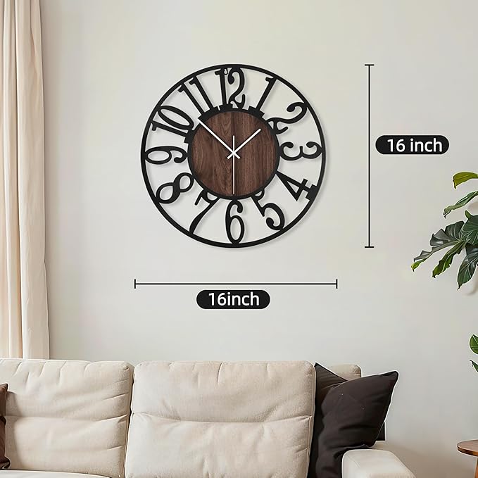 Maxstar Round Wall Clock for Living Room Decor Battery Operated Non Ticking Black Metal Wood Clocks for Home Living Room Garden Office Kitchen Decoration -16 inch