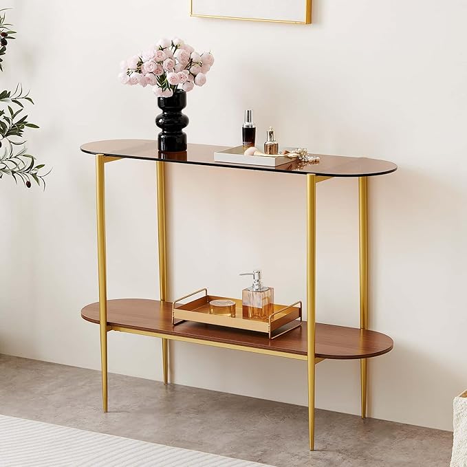 Oval Glass Console Table for Living Room, Foyer & Entrance, 2-Tiers Mid-Century Modern Sofa Table with Amber Glass Top, Walnut Finish Wood Top and Gold Finish Metal Frame