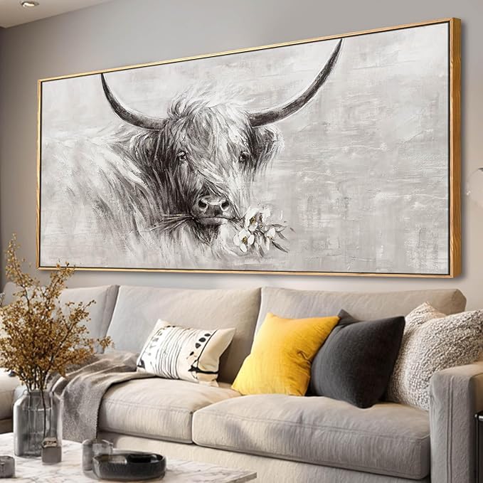 Farmhouse Decor Framed Wall Animal and Flower Artwork Grey Vintage Cow Wall Art with Frame for Living Room Bedroom Dining Room Office 29x58 Inch