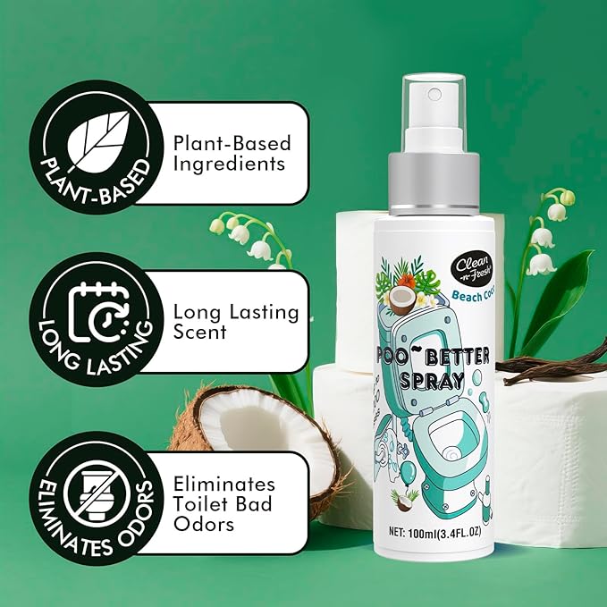 Clean-n-Fresh Toilet Spray 6.8 Fl.Oz, Poop Spray Beach Coco, Bathroom Air Fresheners Spray, Long Lasting Odor Eliminator - Coconut, Vanilla & Lily of the Valley