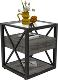 Farmhouse End Table, Modern Side Table with Drawer&3-Tier Storage Shelf, Square Rustic Nightstand, Accent Tea Table, for Bedroom Office Living Room, Grey, Natural Wood, Glass, Metal