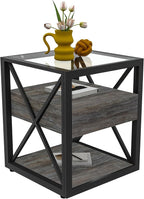 Farmhouse End Table, Modern Side Table with Drawer&3-Tier Storage Shelf, Square Rustic Nightstand, Accent Tea Table, for Bedroom Office Living Room, Grey, Natural Wood, Glass, Metal