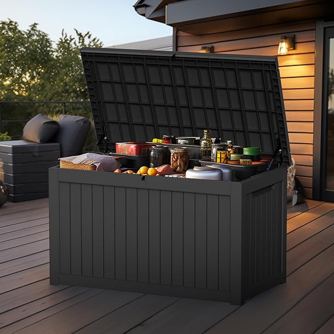 Vixzen 230 Gallon Resin Deck Box, Lockable Outdoor Storage Box for Patio Cushions Storage Furniture,Garden Tools, Pool Supplies, Weatherproof and UV Resistant- Black