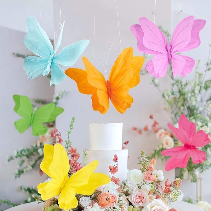 SUNBEAUTY 6Pcs Hanging Butterflies, Large Butterfly Decorations, 3D Paper Decoration, Pink Green Blue Orange for Baby Shower Decor Girls, Women, Paper Flowers for Wall