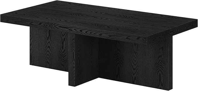 Henn&Hart 44" Rectangular Wood Pedestal Low-Profile Coffee Table for Living Room, Family Room, or Office, Black Grain