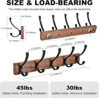2 Pack 17.3" Small Wooden Coat Rack Wall Mounted with 5 Hooks, Entryway Wall Hooks Coat Hanger for Hanging Towel Clothes Hat Backpack Shoe Purse Key Holder Multi Hook Rail by Black Walnut Wood